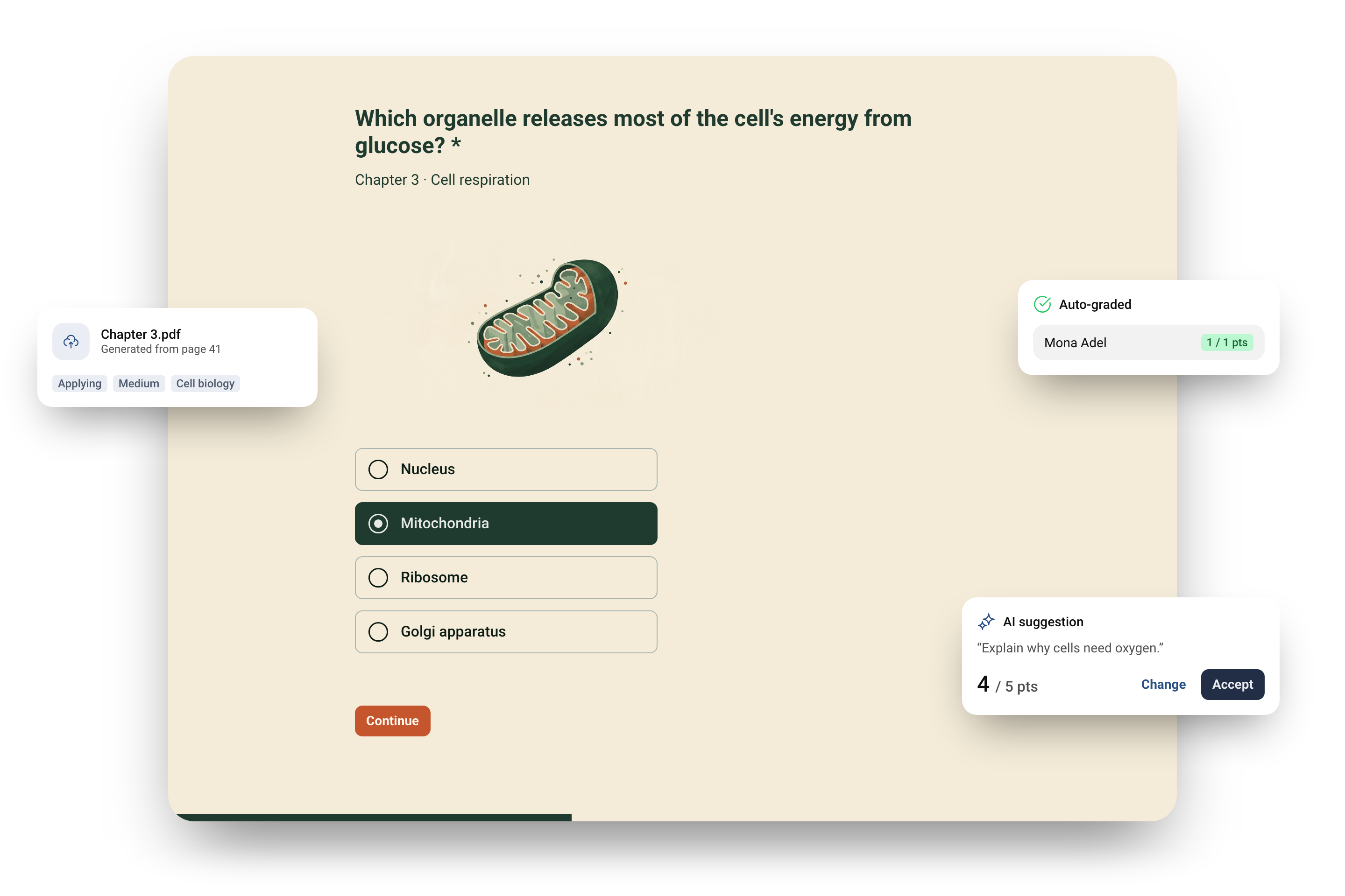 A Biology 101 quiz question about mitochondria in a sand and green theme, with cards showing it was generated from Chapter 3, auto-graded, and an AI grade suggestion waiting to be accepted.